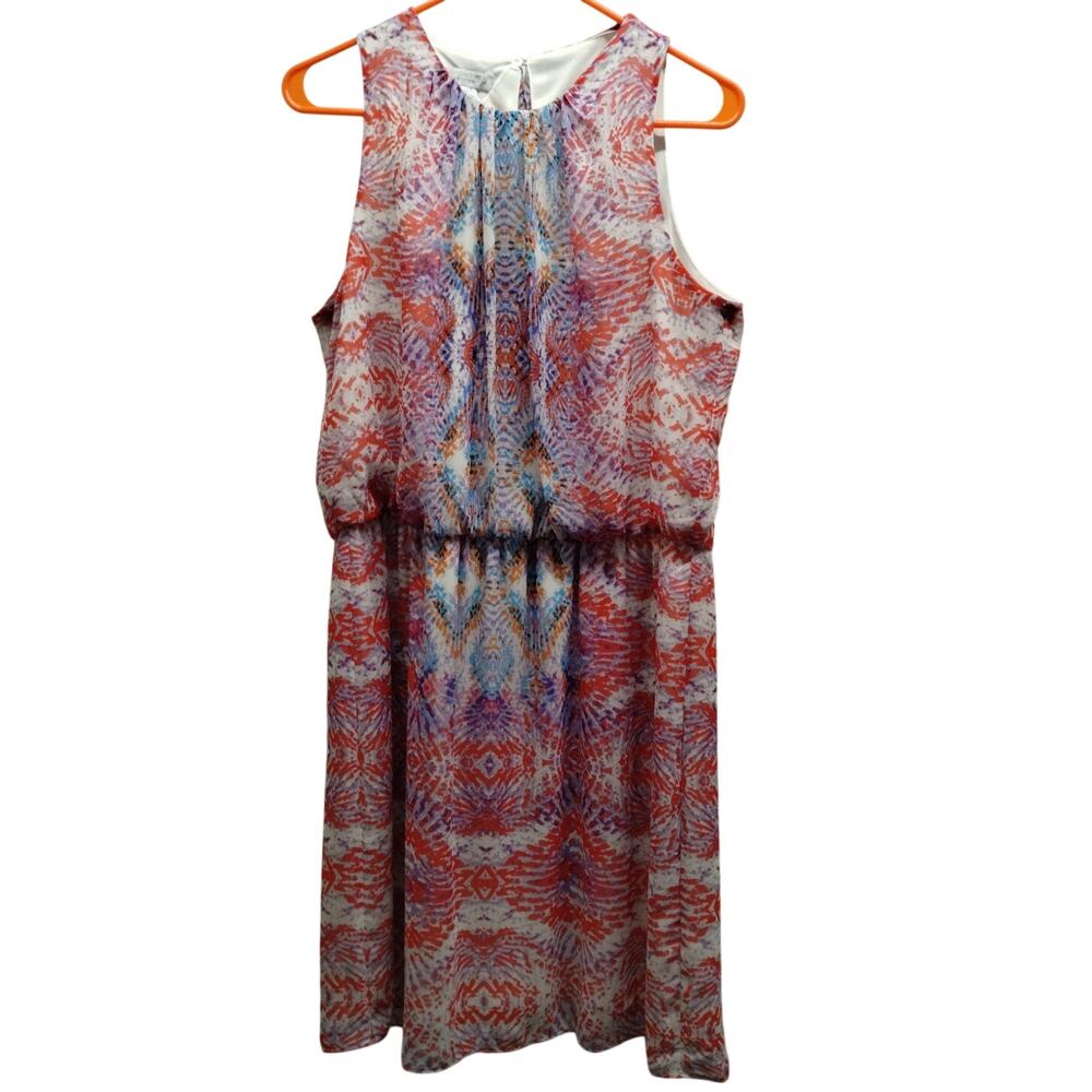 London Times Size 14p Petite Multicolor Abstract Lined Sleeveless Chiffon Dress